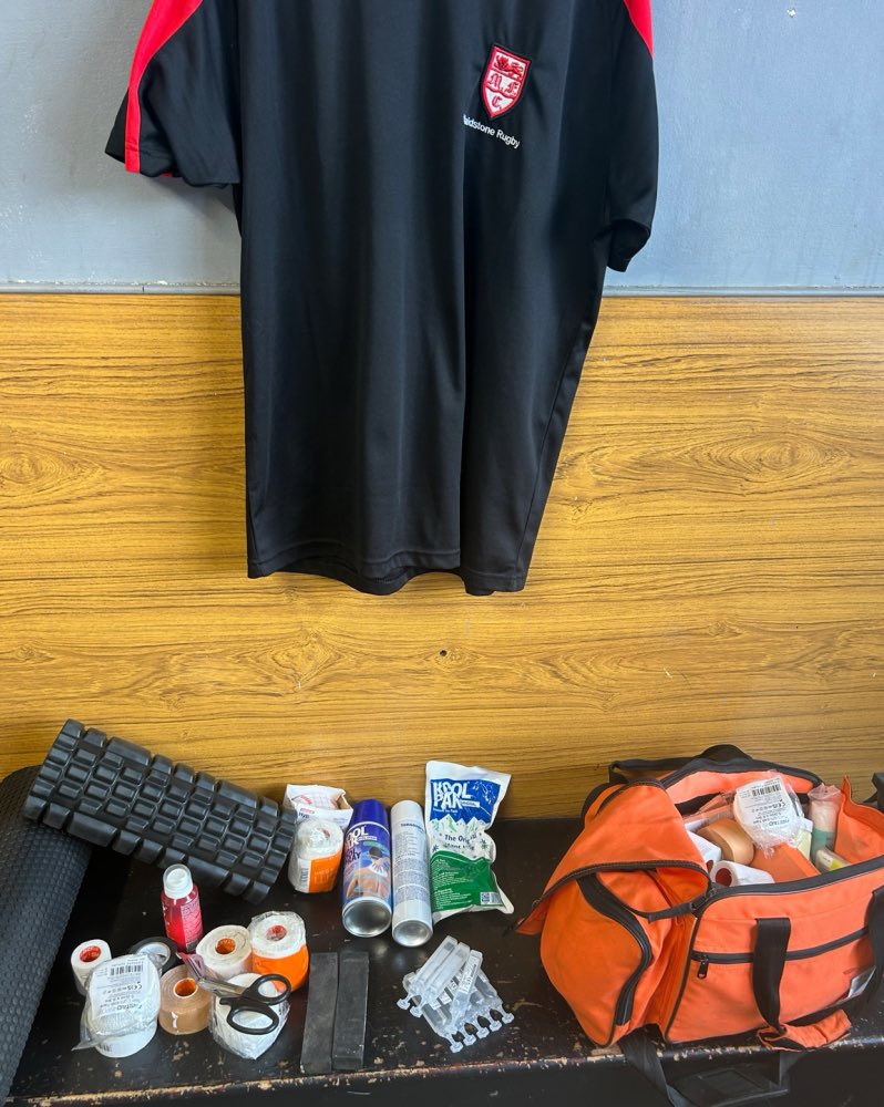 Pitch-side medical equipment prepared for pre-season rugby training at Maidstone Rugby Club