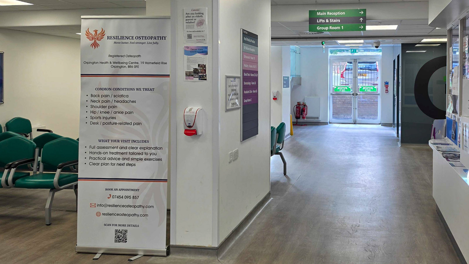 Entrance to Orpington Health and Wellbeing Centre where Resilience Osteopathy is based